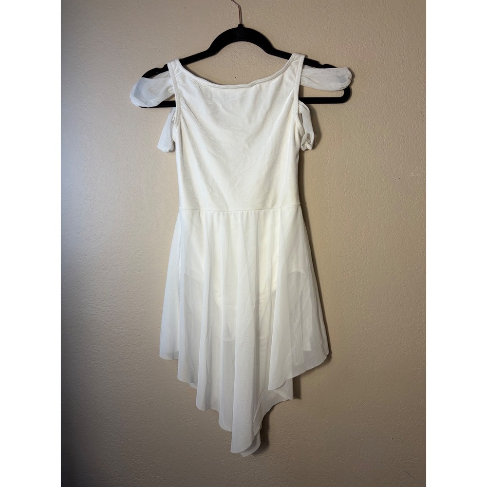 White Lyrical Dance Costume Cold Shoulder Mesh High Low Skirt Leotard Dress